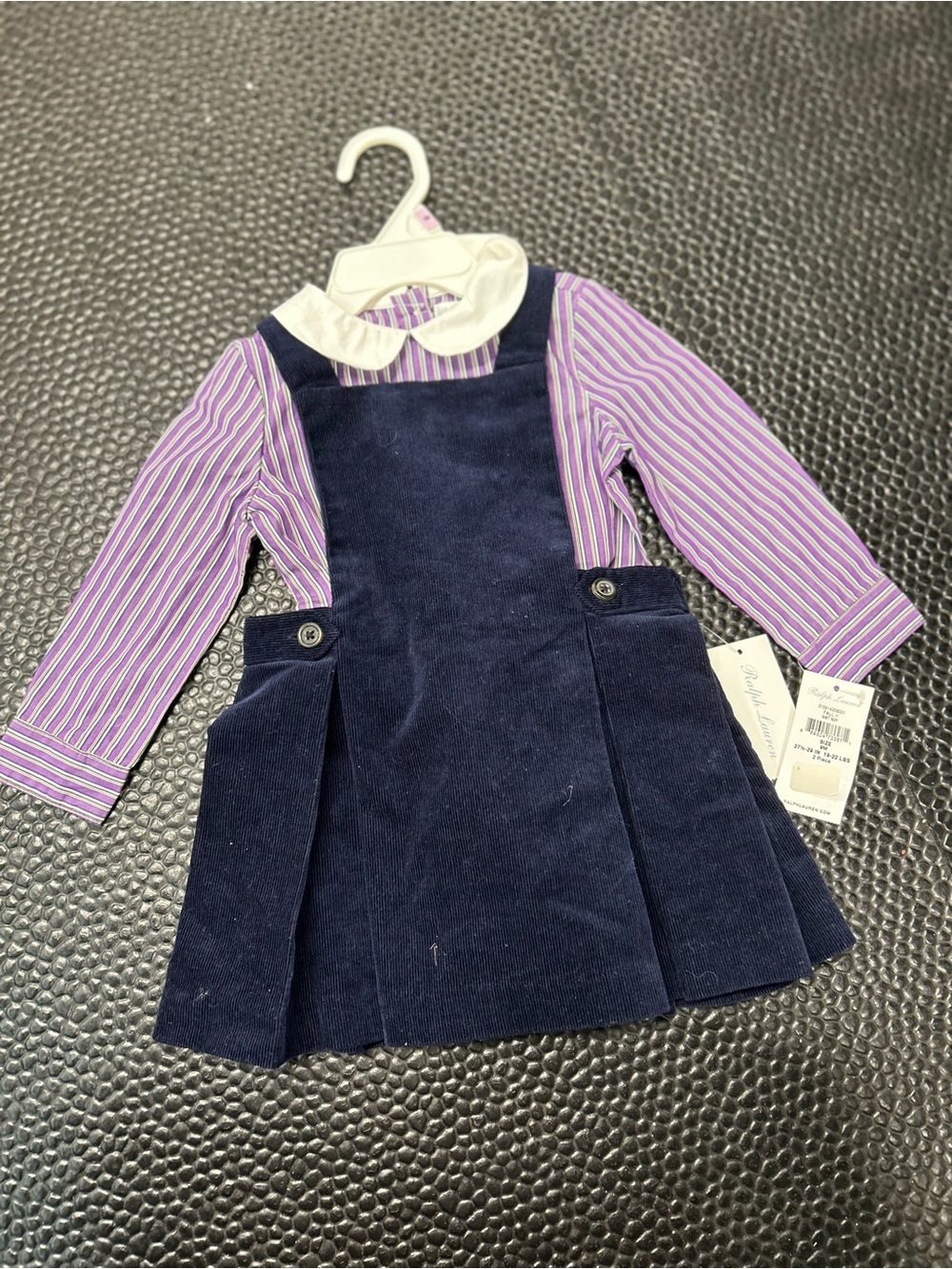 Ralph Lauren Navy Corduroy Pinafore Dress with Purple Striped Shirt 9 Months - Picture 2 of 4